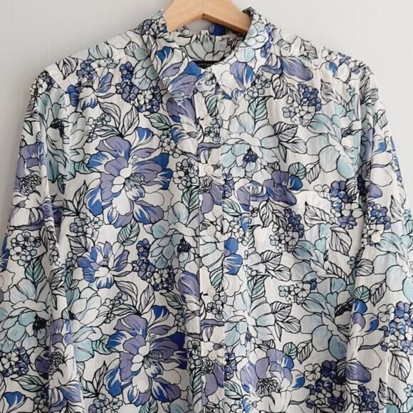 ANN TAYLOR 100% Cotton Floral Button Down Shirt Top Blue & White Sz M - Picture 3 of 13